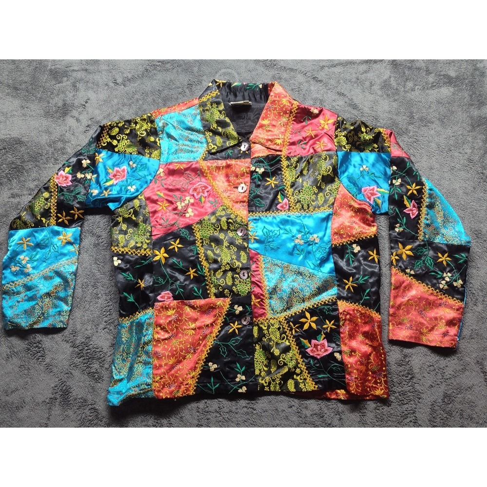 Cold Water Creek jacket L Asian embroidered Jacquard boho patchwork floral silk